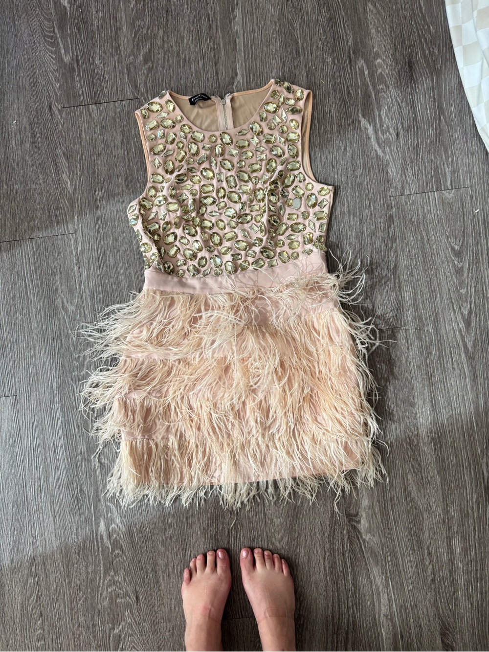 🧑🏾‍🩰bebe Pale Pink Jeweled Bodice Feather Skirt Dress